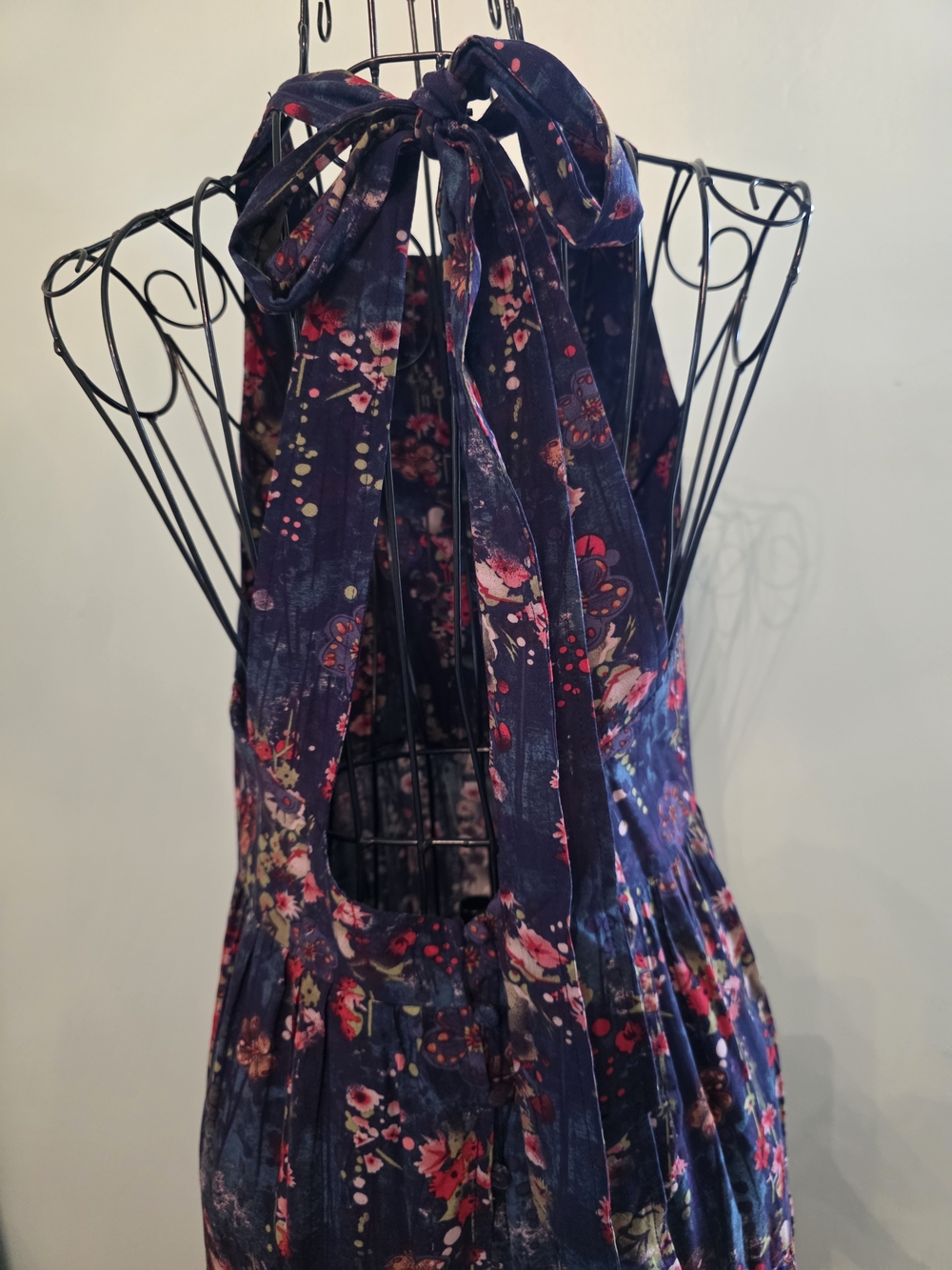 Floral Tiered Maxi Dress - Navy with Pink Floral - Picture 11 of 16